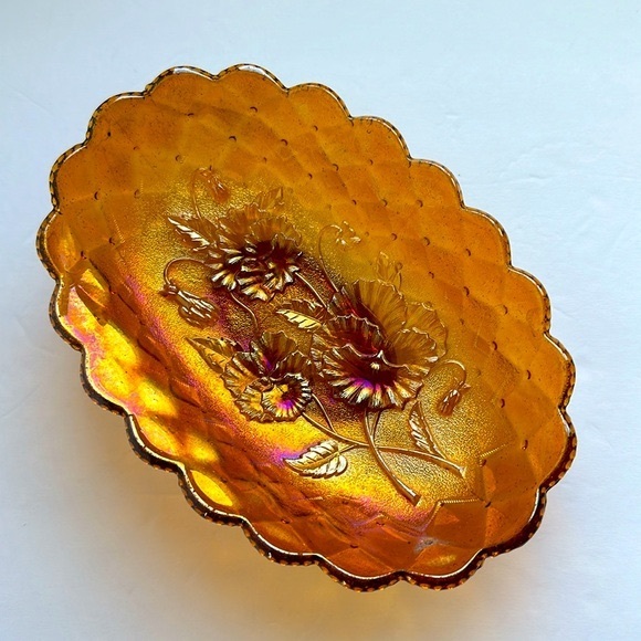VTG Pansy Flower Marigold Carnival Glass Oval Footed Candy Dish Relish Tray - Picture 9 of 9